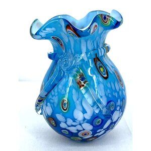 Murano Art Glass Vase Blue Lavorazione Millefiori Hand Blown Applied Bow 5.5"